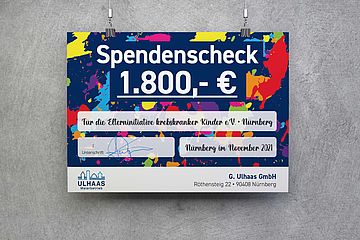 Spendenschick des Ulhaas Malerbetriebs an die Elterninitiative krebskranker Kinder e.V. Nürnberg
